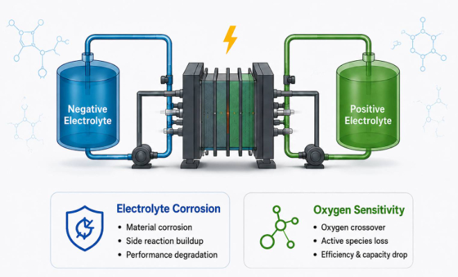 Engineering Bottlenecks in Organic Flow Batteries: Electrolyte Corrosion and Oxygen Sensitivity